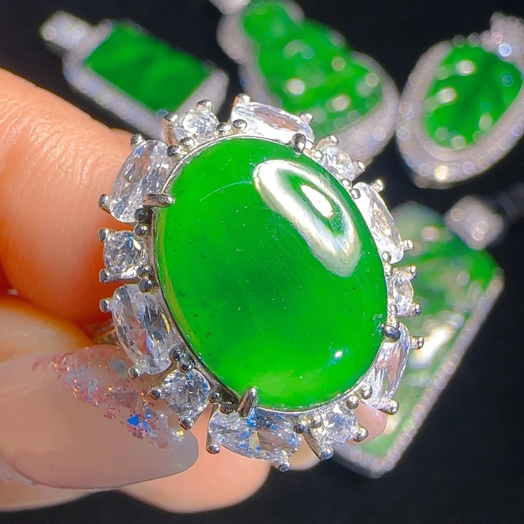 翡翠戒指银S925镶嵌天然