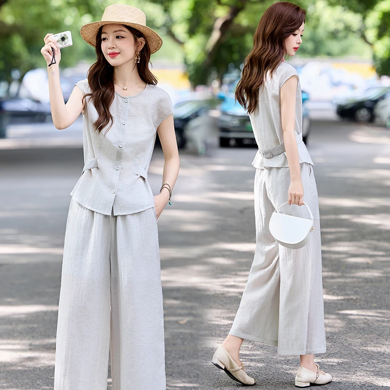 松弛感休闲套装女2025夏新款韩系穿搭知性风无袖上衣阔腿裤两件套