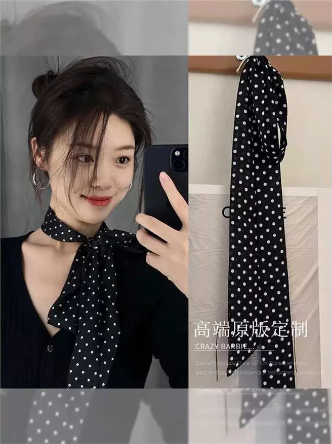 港风丝带｜8姆米桑蚕丝双层斜角长巾4*185波点百搭法式