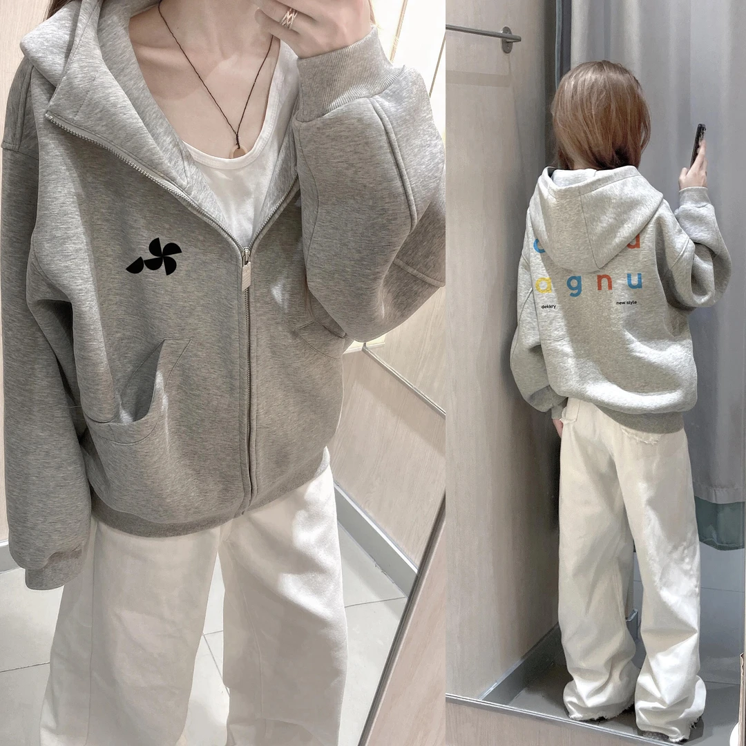 美式设计感风车字母印花开衫连帽卫衣男女秋冬季百搭情侣拉链外套