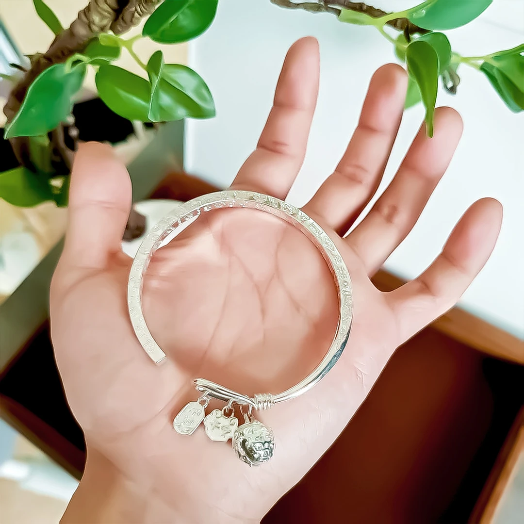 足银手镯 足银手镯 b72平安新中式古风安吉言风宫铃开口镯