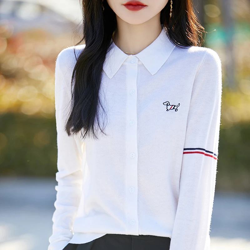 哥弟阿玛施正品2025新款POLO领刺绣开衫休闲气质显瘦女士长袖上衣