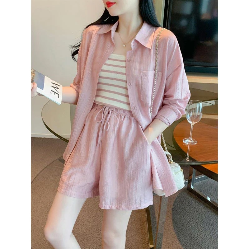 可盐可甜防晒衫衬衫背心短裤套装女2025年夏季新款洋气潮流三件套