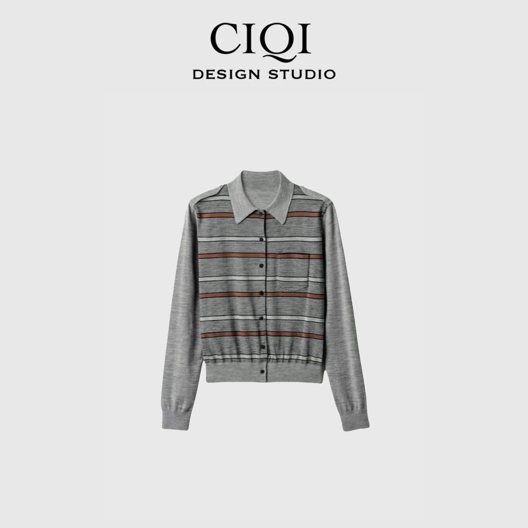 CIQI STUDIO【心动密码】复古条纹羊毛针织POLO开衫DY251024