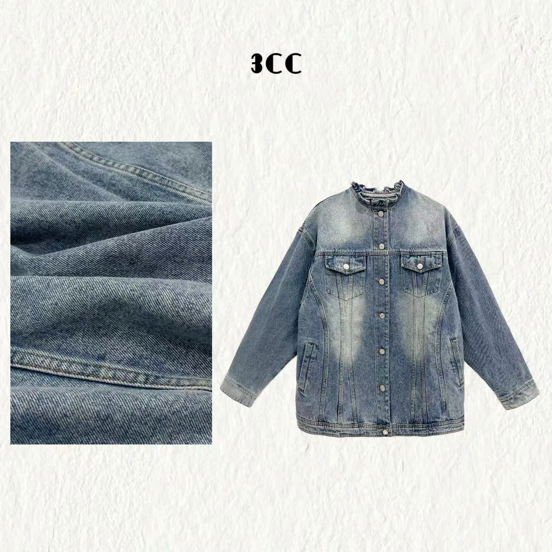 3CC【繁花】设计感领口褶皱复古渐变色牛仔外套早春小立领上衣8810