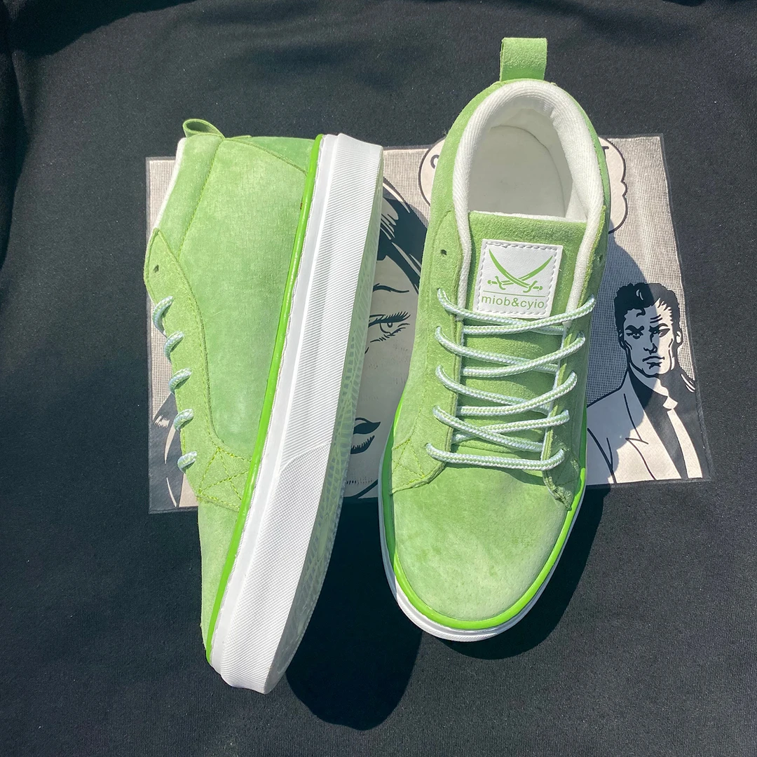 秋季新款青苹果绿色翻毛皮中帮板鞋男鞋女鞋大码百搭男士休闲鞋子