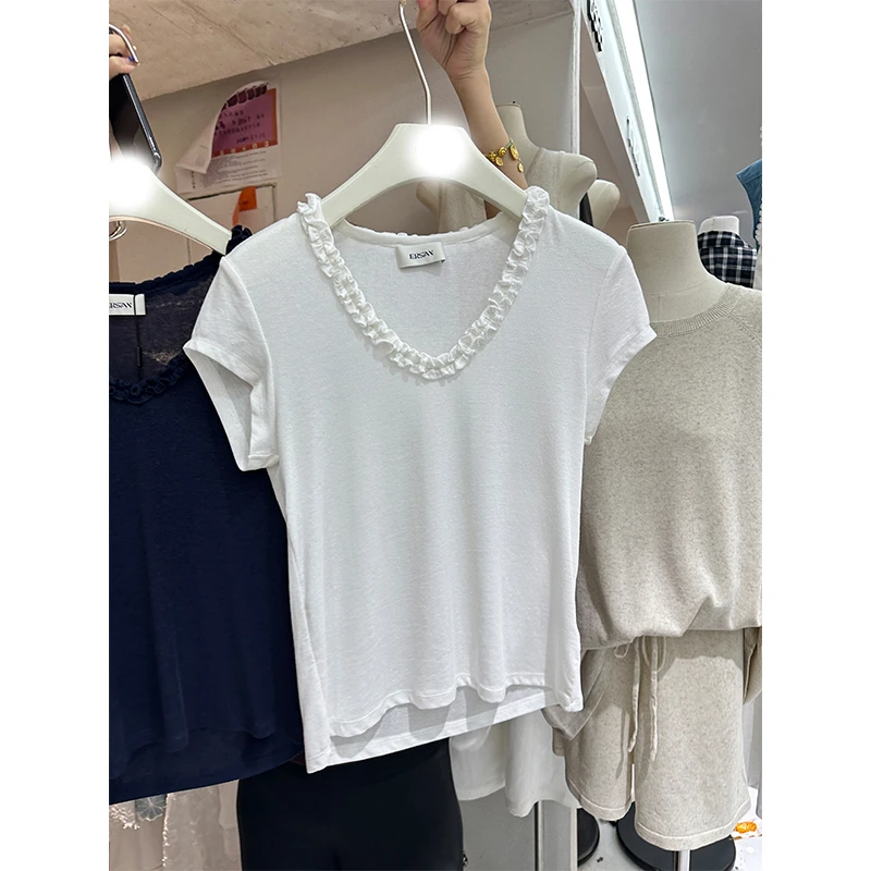 法式木耳边v领短袖t恤女2025夏季新款休闲设计感小众修身上衣潮