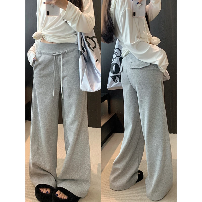 Moses Queen/魔西女王奶灰色秋冬简约抽绳高腰垂感纯色休闲卫裤