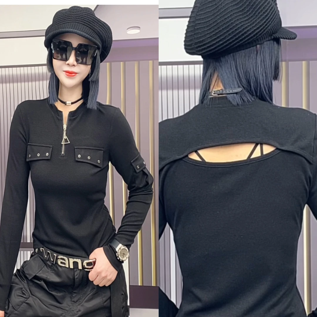 阿珍服饰店 新款时尚百搭棉质半拉链长袖T恤#00043