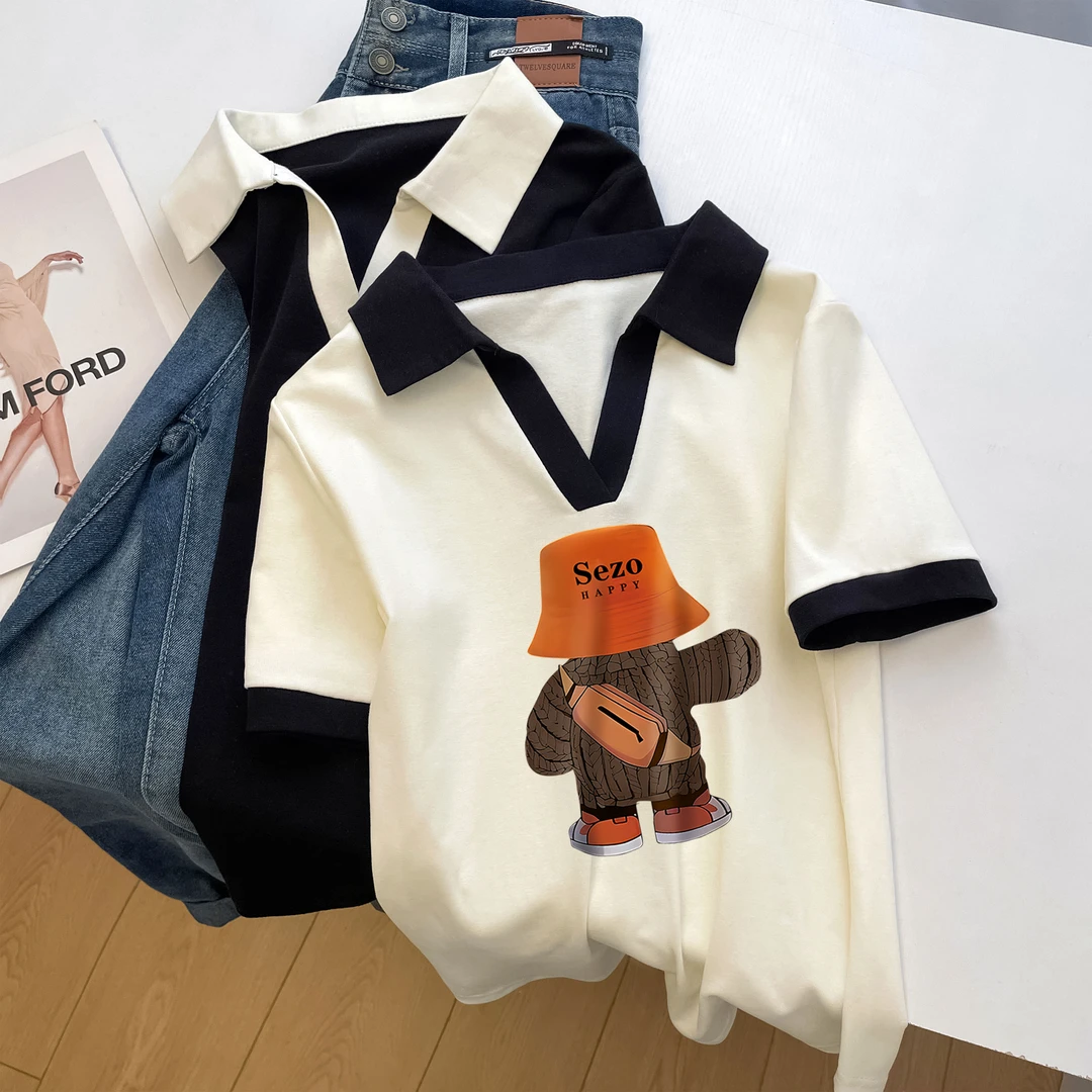 yoewshean/羽媗微胖妹妹大码女装短袖t恤宽松遮肚显瘦v领时尚上衣