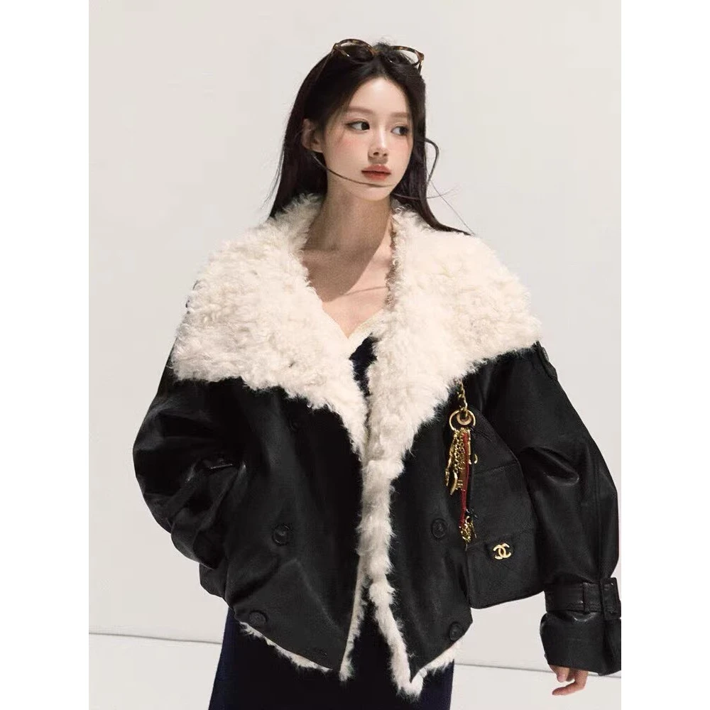 羊羔毛皮毛一体外套女2025冬季新款宽松加厚皮衣翻领环保皮草上衣