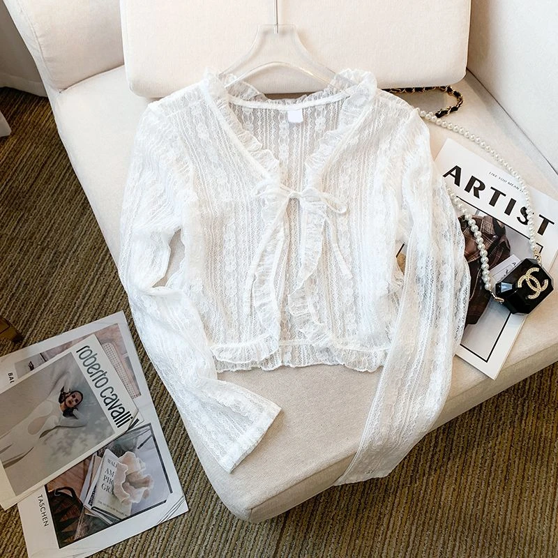 白色单系带花边开衫，实物以直播间为准