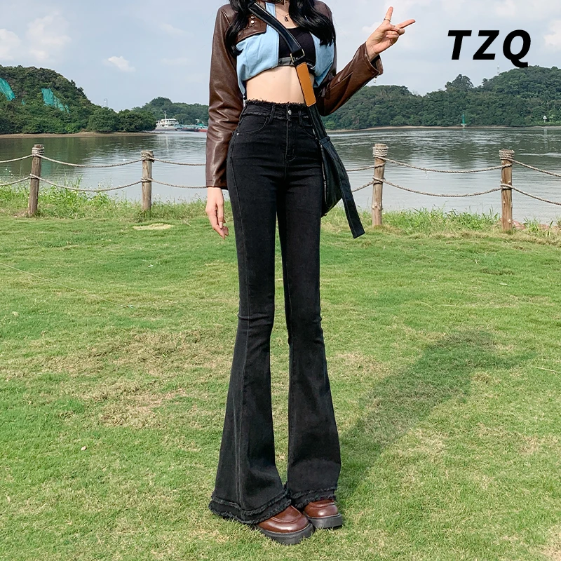 高腰微喇牛仔裤女百搭2025新款修身显瘦弹力毛边喇叭裤TZQ122229