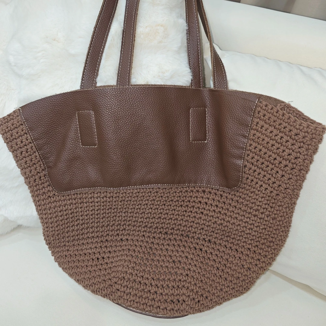 Yiwen手工包棉麻绳编织配头层牛皮单肩托特包波西米亚风子母包