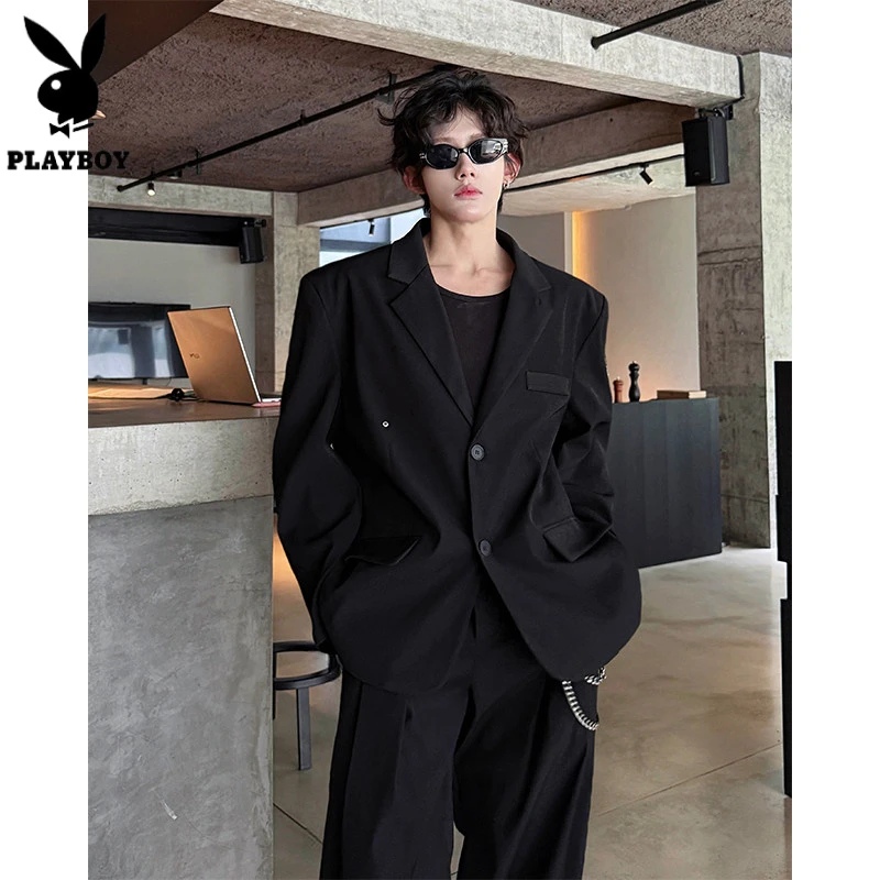 花花公子韩版休闲西装套装外套高级痞帅宽松韩版垫肩西服外套男士