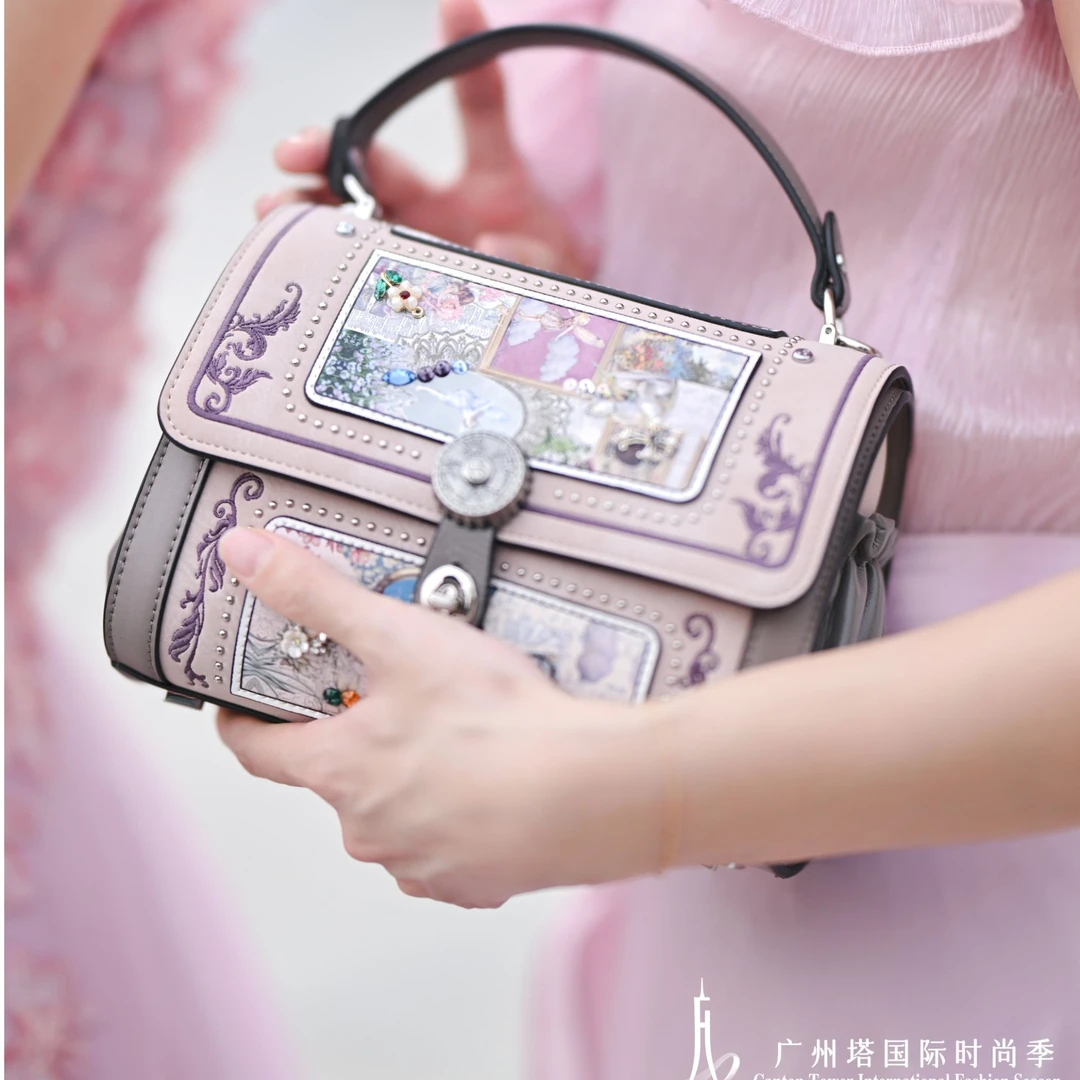 蒽薆原创设计真皮印花复古文艺翻盖圆桶包单肩斜挎手拎送礼情人节