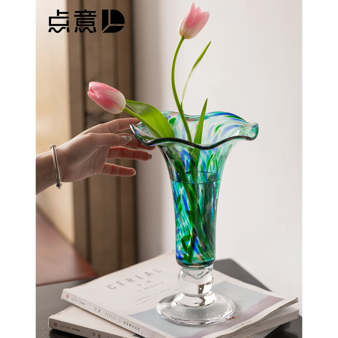 中古风高脚风灯琉璃花瓶装饰品绿色新中式点意晕染敞口花边好看的