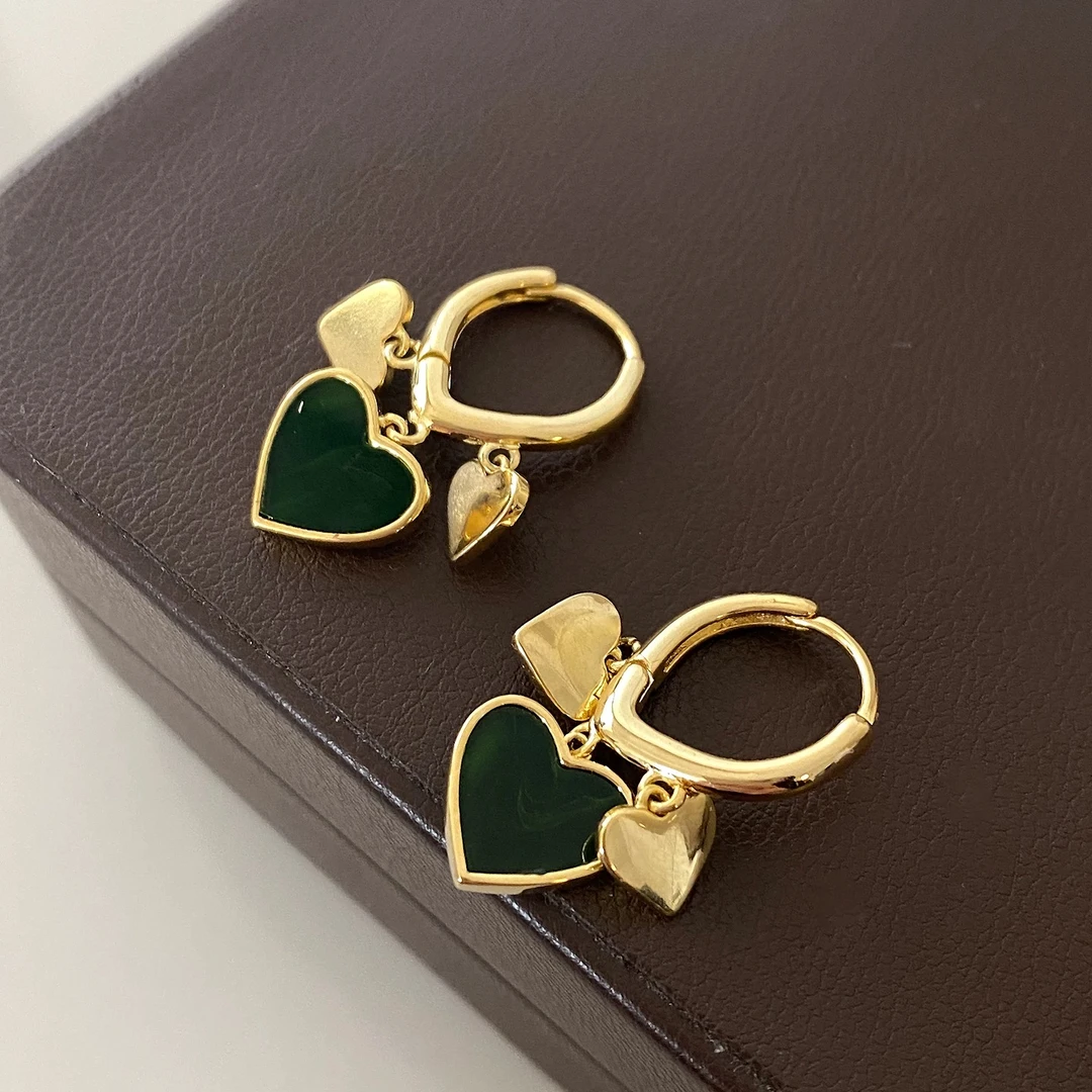 铜合金耳饰 ES-115法式轻奢冷淡风墨绿色桃心耳环