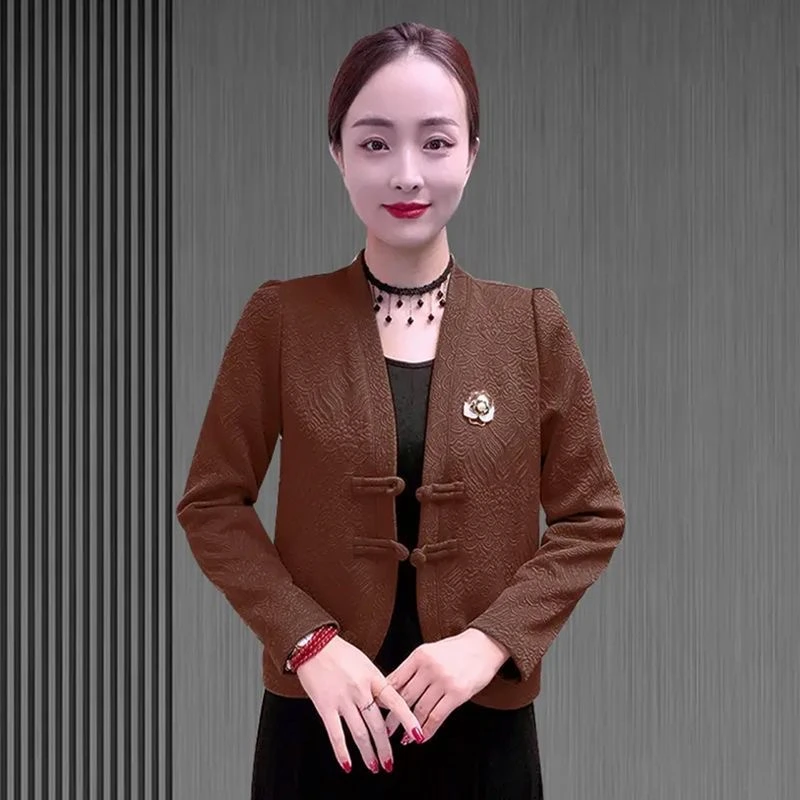 2025新款V领秋季拼接女春秋短外套唐装女装复古民族风