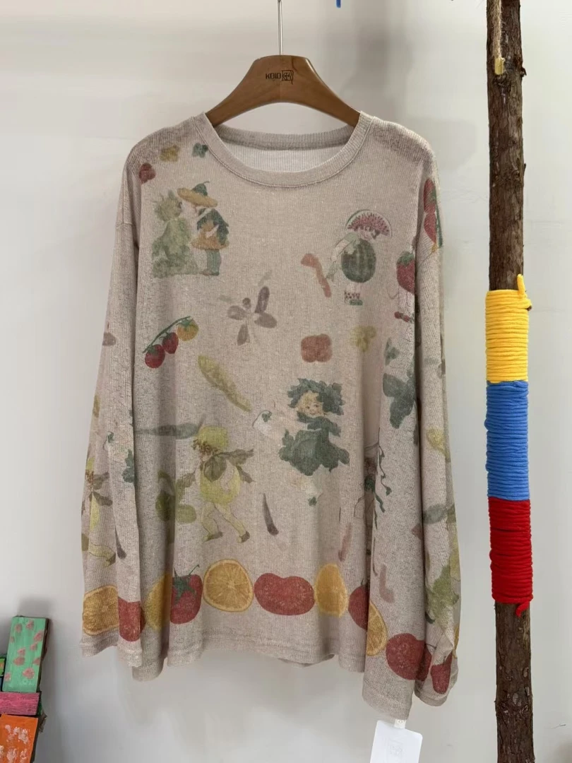 【程雅大码】2025春夏薄款水果女孩宽松小众针织圆领套头长袖针织衫