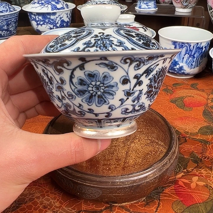 陶杯子元煦窑如意缠枝莲云肩描银盖碗