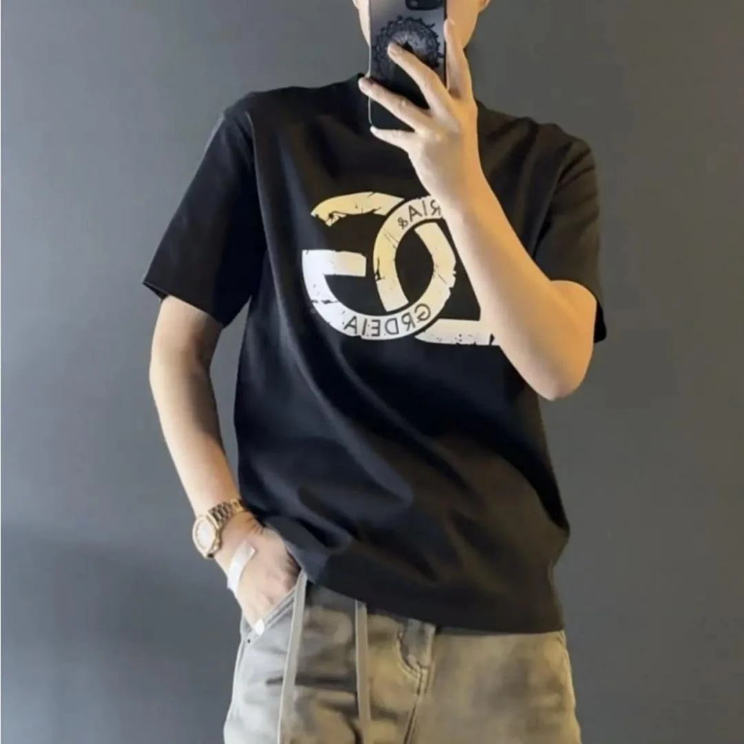 时尚潮牌轻奢短袖T恤男春夏季新款微阔圆领宽松字母印花百搭半袖t