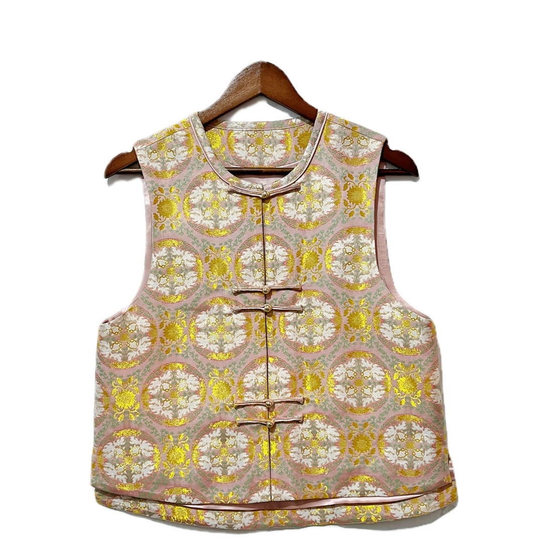 【金鱼戏莲】钱小萍宋锦马甲 圆领对襟织金 时尚新中式一字扣马甲