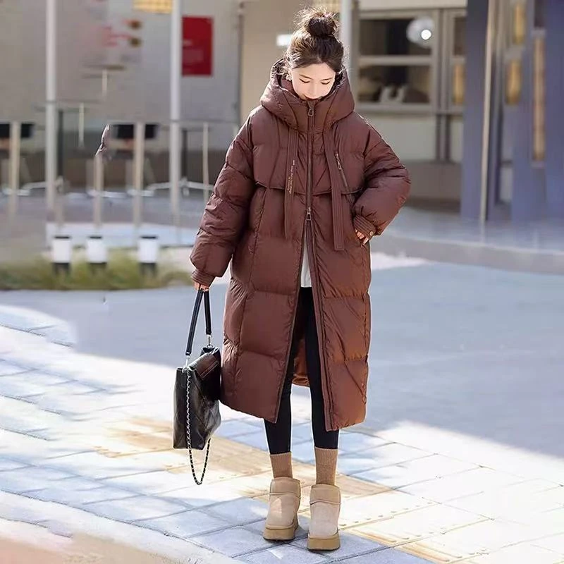 韩版2025连帽长袖中长款冬季宽松休闲过膝女士厚款时尚加厚面包服