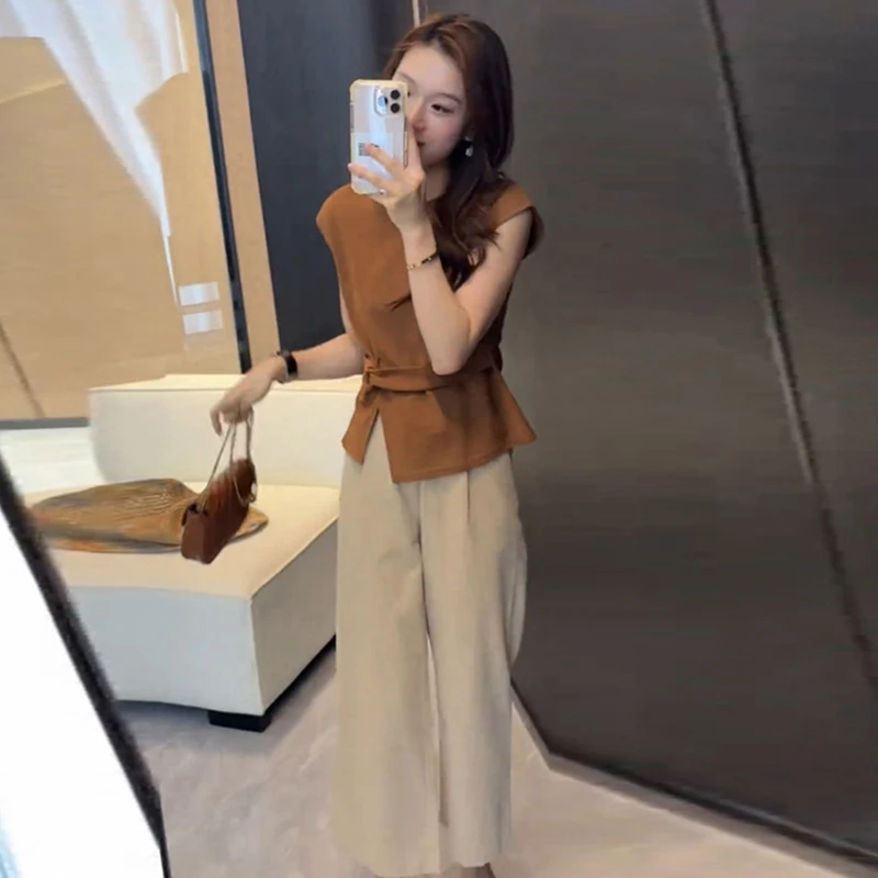 气质收腰圆领短袖t恤上衣显瘦套装女士夏季韩版阔腿休闲裤两件套