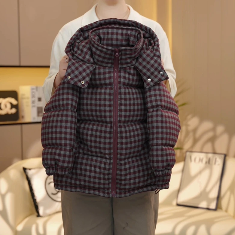 女童连帽棉服2024新款冬装女孩棉衣中大童洋气冬季加厚格子外套潮