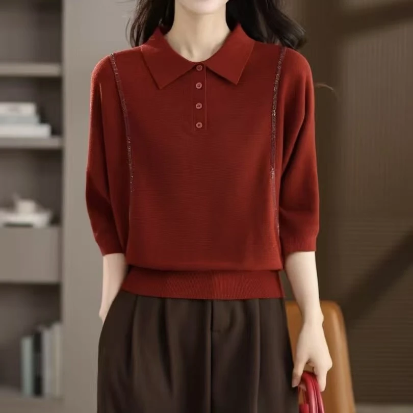 秋季薄款羊毛针织衫女翻领毛衣宽松蝙蝠袖打底衫中年妈妈上衣