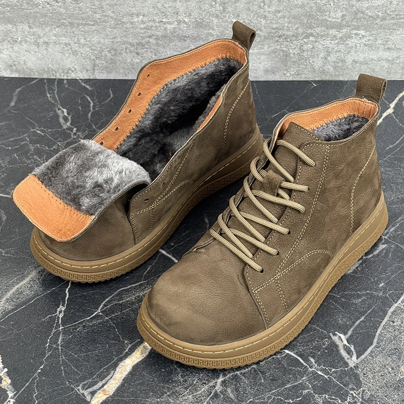 马丁靴男真皮2025新款复古保暖加绒中帮工装鞋短靴头层牛皮棉毛鞋