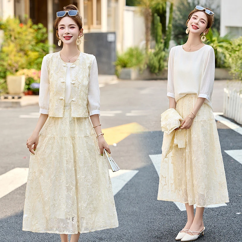 新国风新中式马甲女春夏薄款盘扣刺绣坎肩T恤半身裙三件套唐装潮