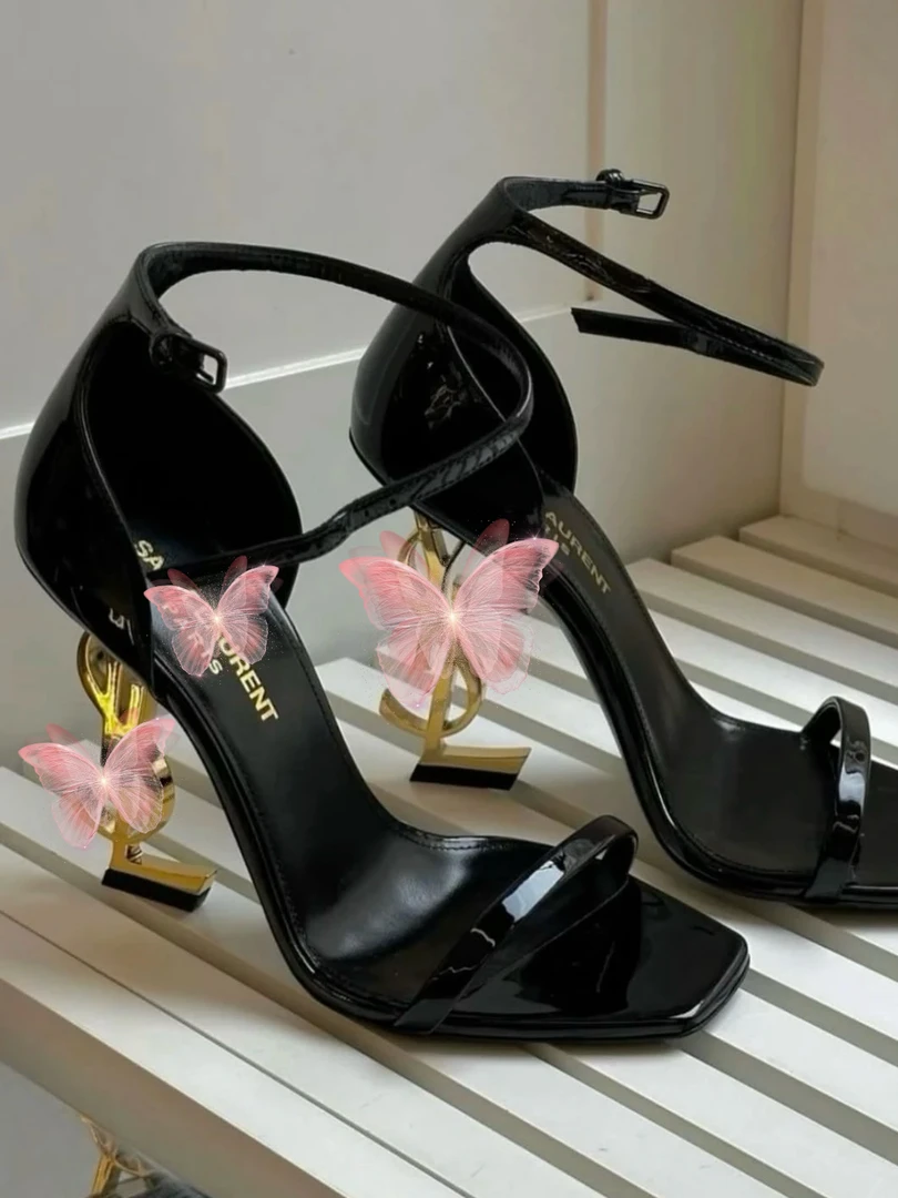 RH Studio 新款绝美御姐字母跟黑金露趾绑带高跟鞋