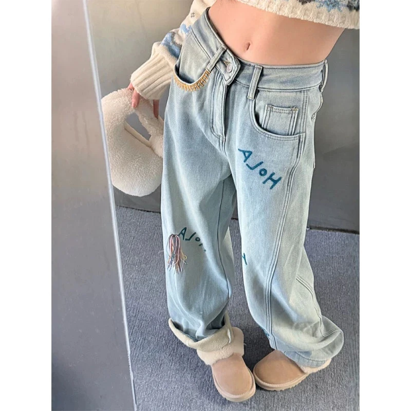 2025新款字母韩系刺绣加绒牛仔裤女秋冬新款韩系宽松直筒保暖
