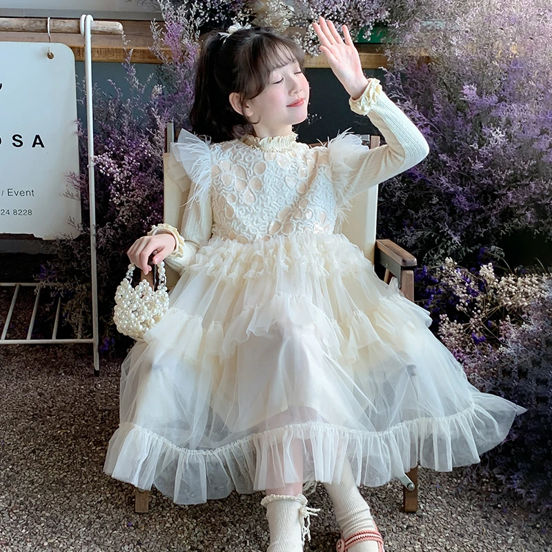 女童连衣裙2025新款春秋装儿童洋气打底衫女孩秋季网纱蛋糕礼服裙