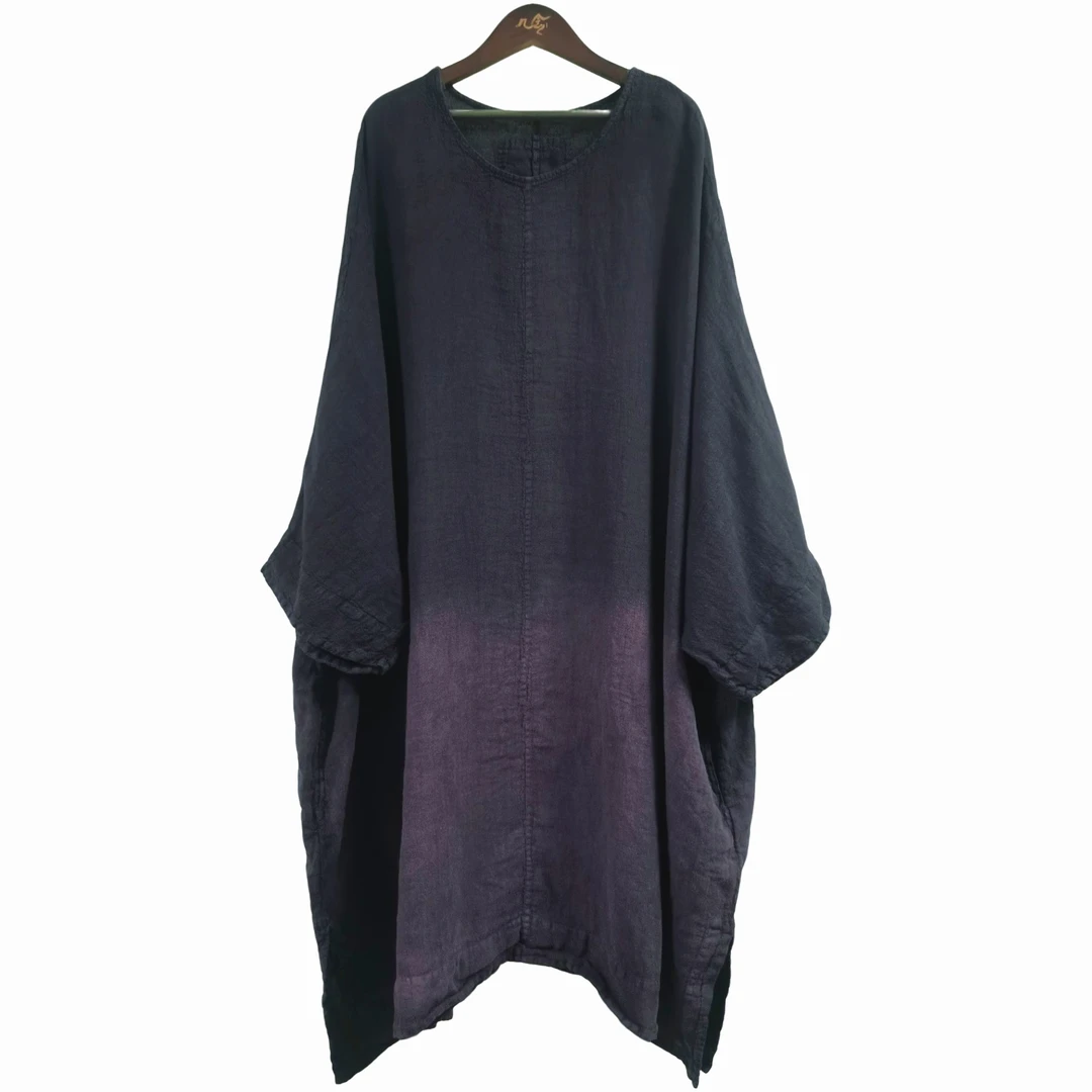 【几念原创】夏季渐变亚麻长袖连衣裙套头宽松中长款复古休闲295