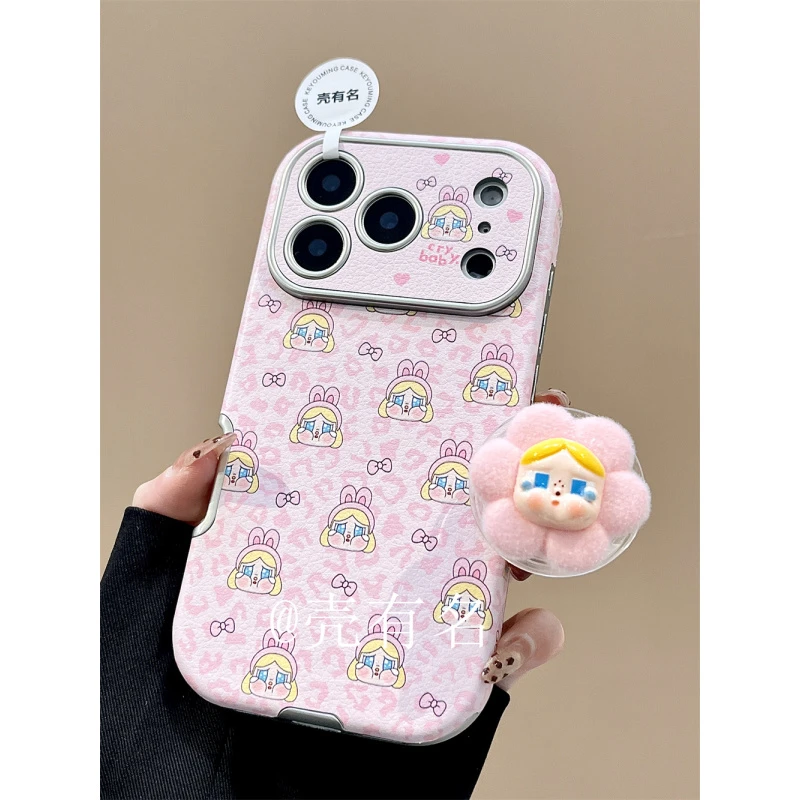 粉豹纹蝴蝶结兔子发箍哭娃支架适用苹果17手机壳iPhone16/15/14皮