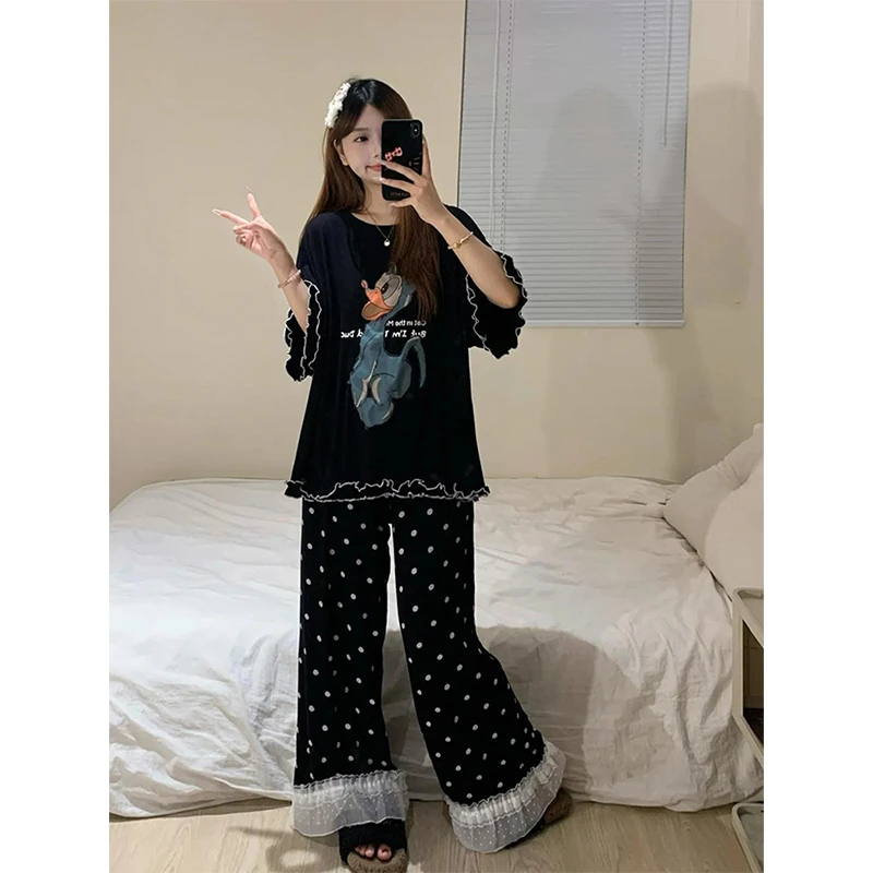 甜美少女卡通小鸭短袖睡衣女夏季新款大码波点长裤套装显瘦家居服