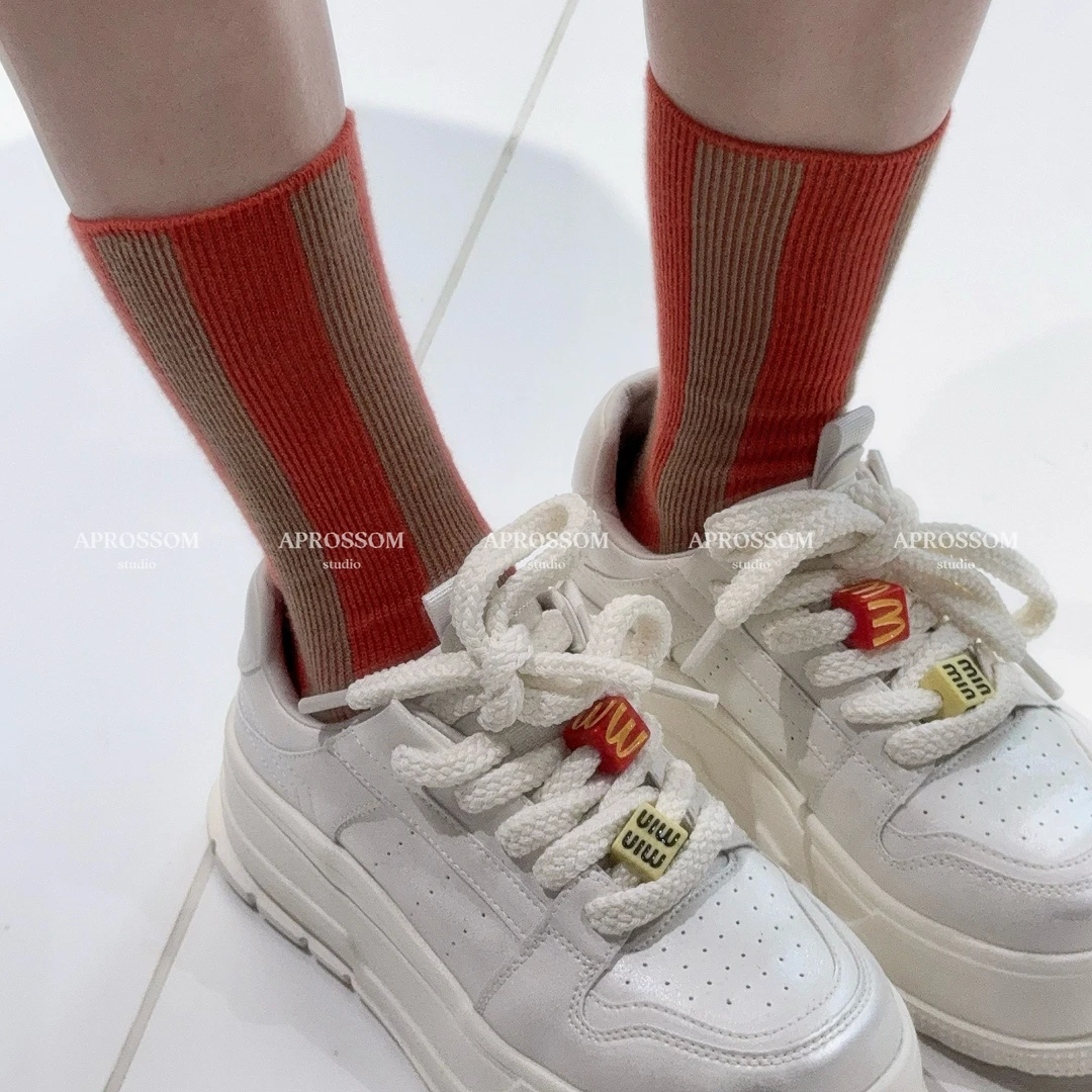 Apr.线条撞色条纹拼色情侣款袜子女双针双路设计款女纯棉运动袜子