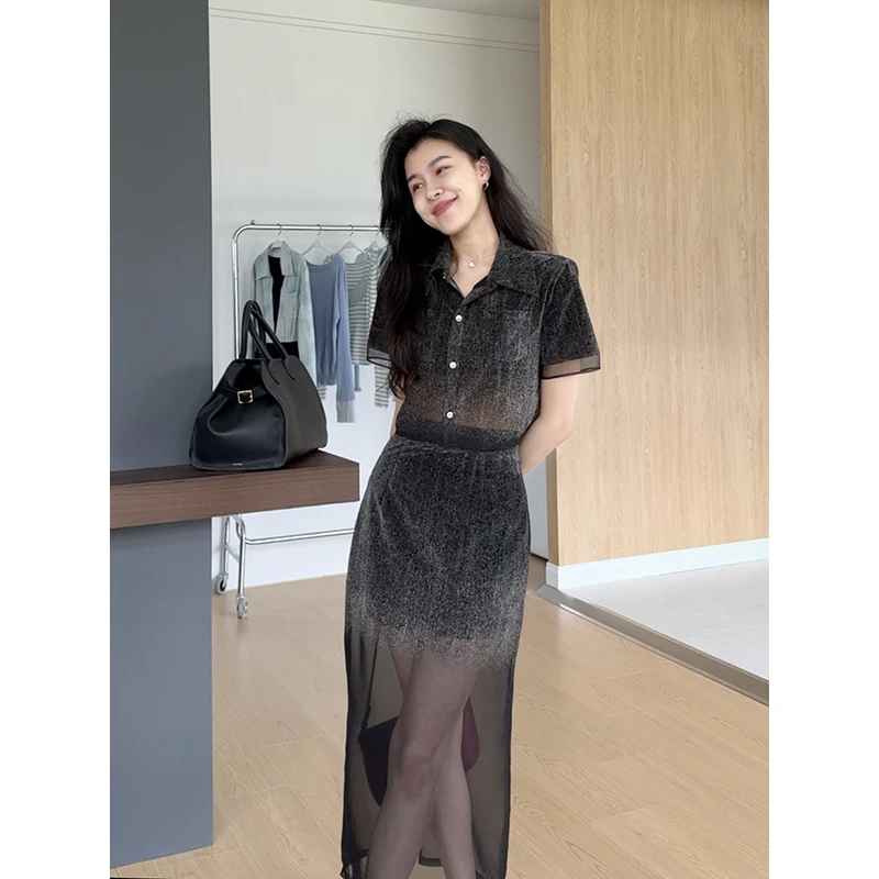 【现货48小时发】张阿星渐变半透时髦衬衫+半裙裤 W425A03805