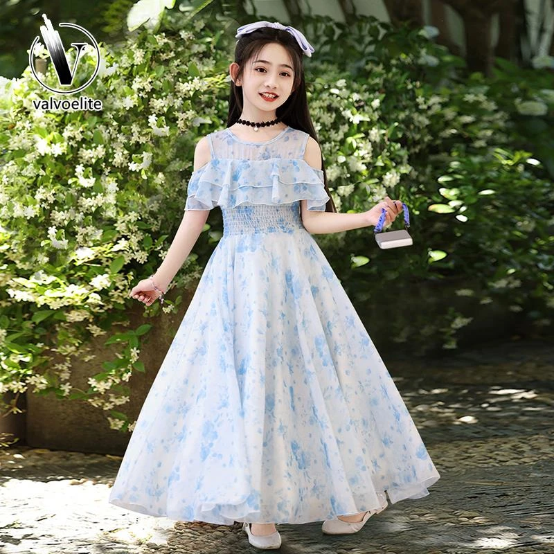 VALVOELITE女童碎花长款连衣裙夏季2025年新款雪纺时尚中大童裙子