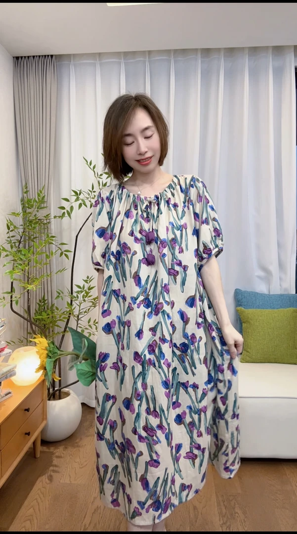 『郁雾』夏季薄款五分袖裙纯棉纱布睡衣全棉家居服MY0134