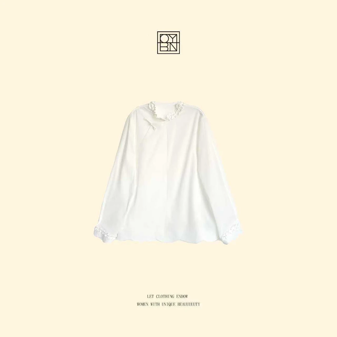 OYBN欧阳贝妮【关山月】微胖大码新中式木耳花边立领衬衫上衣5750