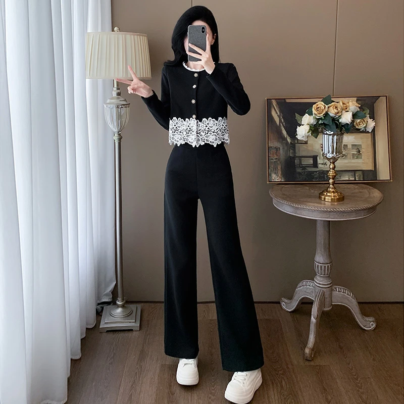 高级感小香风时尚套装女春季显瘦气质减龄蕾丝拼接上衣长裤两件套