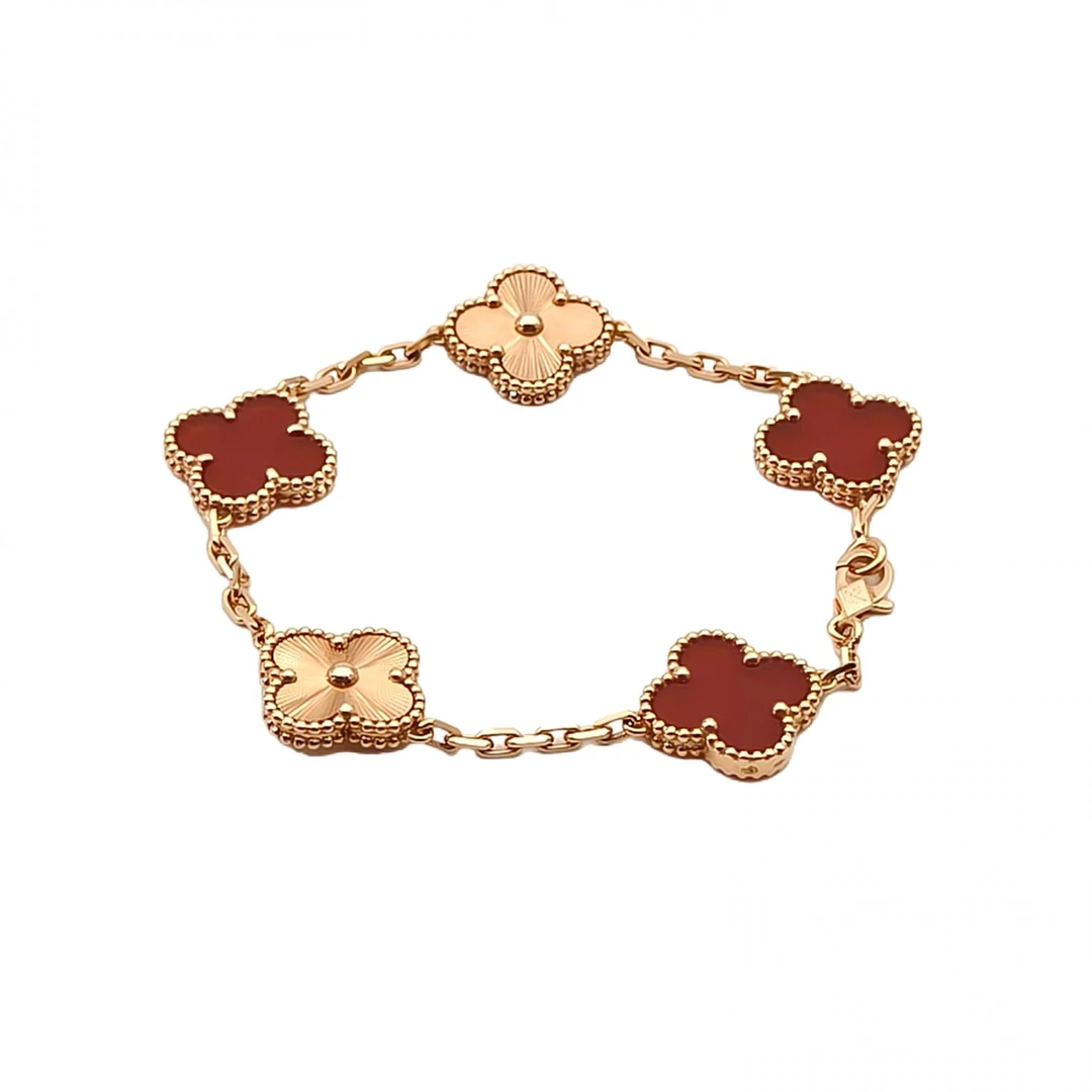 99新 梵克雅宝 【双双攀攀】中号五花手链 拼镭射新扣18K玫瑰金