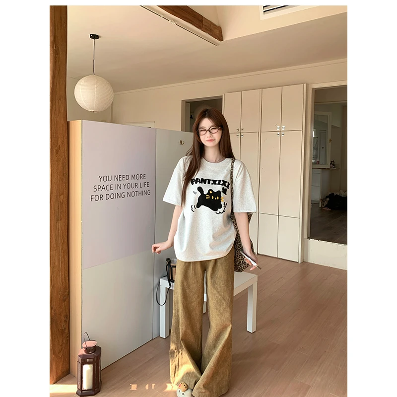 美式复古高级感百搭刺绣短袖t恤女2025新款夏季小个子打底衫上衣