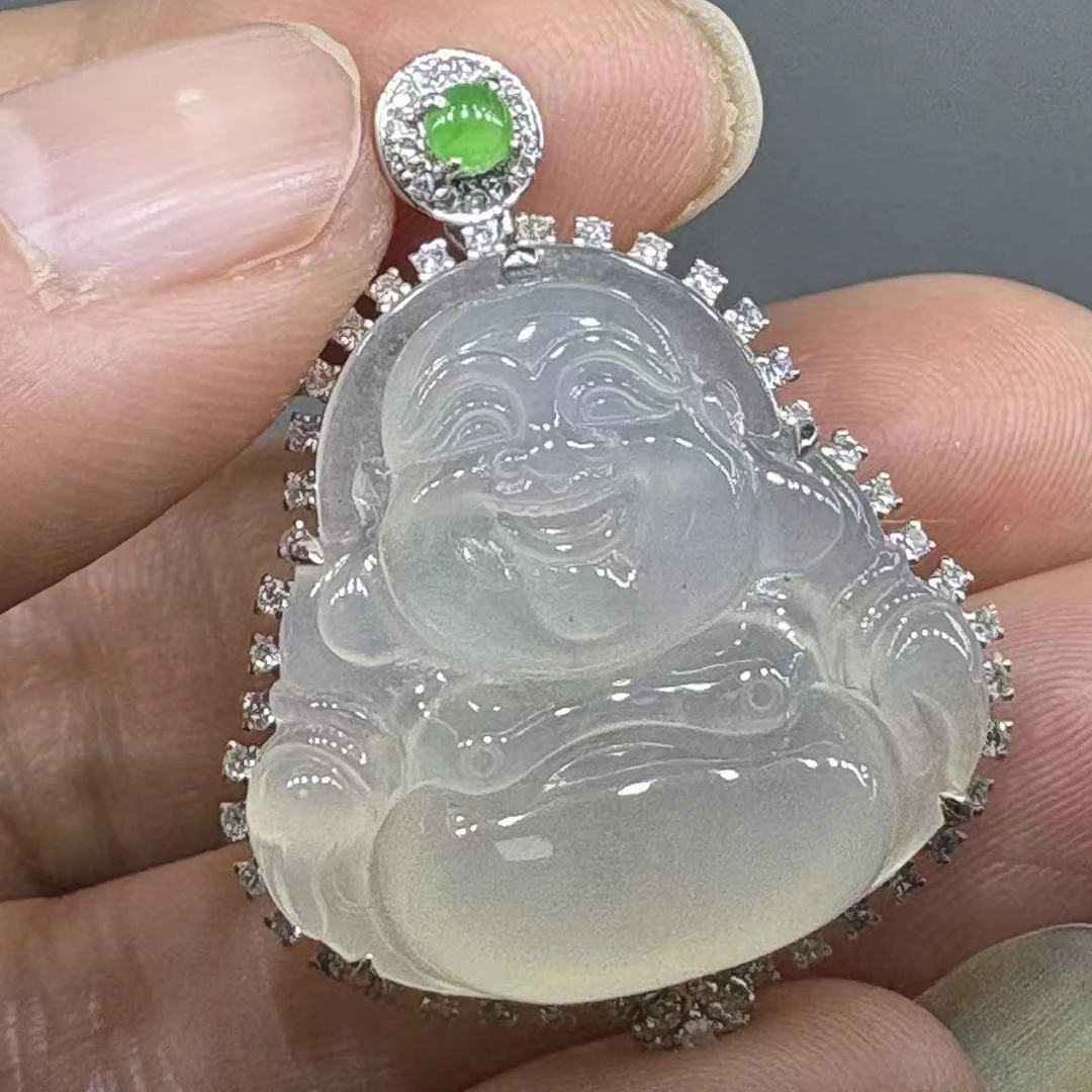 缅甸A货翡翠18K金镶嵌冰种起胶精致佛公