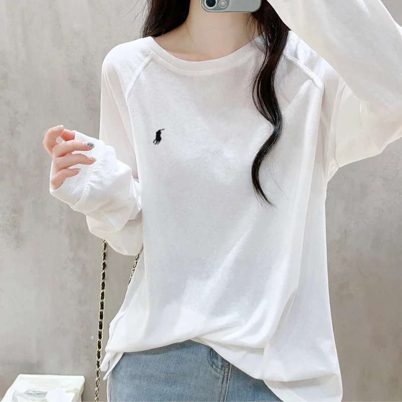 雪花棉白色刺绣长袖T恤女2025秋季宽松插肩袖圆领懒风开叉上衣