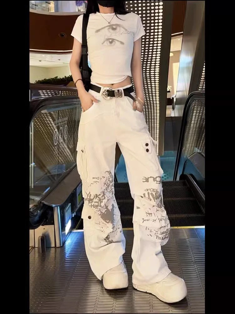 白色脏洗褶皱工装牛仔裤女美式高街设计感多口袋直筒宽松休闲裤潮